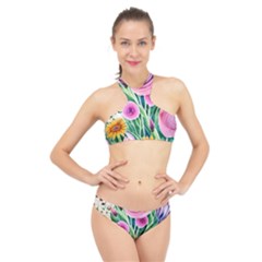 Cheerful And Captivating Watercolor Flowers High Neck Bikini Set by GardenOfOphir