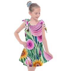 Cheerful And Captivating Watercolor Flowers Kids  Tie Up Tunic Dress by GardenOfOphir