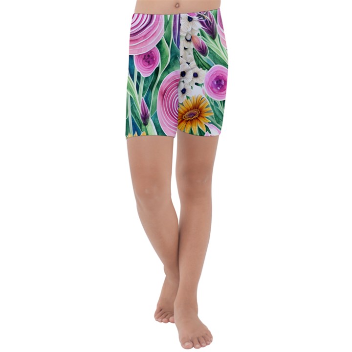 Cheerful And Captivating Watercolor Flowers Kids  Lightweight Velour Capri Yoga Leggings