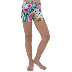 Cheerful And Captivating Watercolor Flowers Kids  Lightweight Velour Yoga Shorts by GardenOfOphir