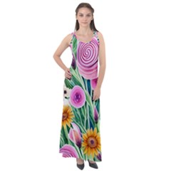 Cheerful And Captivating Watercolor Flowers Sleeveless Velour Maxi Dress by GardenOfOphir