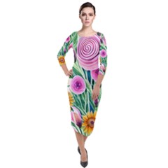 Cheerful And Captivating Watercolor Flowers Quarter Sleeve Midi Velour Bodycon Dress by GardenOfOphir