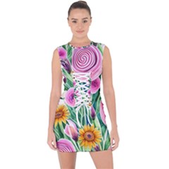 Cheerful And Captivating Watercolor Flowers Lace Up Front Bodycon Dress by GardenOfOphir