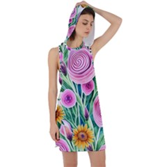 Cheerful And Captivating Watercolor Flowers Racer Back Hoodie Dress by GardenOfOphir