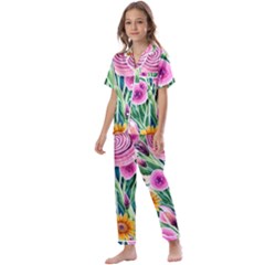 Cheerful And Captivating Watercolor Flowers Kids  Satin Short Sleeve Pajamas Set by GardenOfOphir