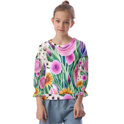 Cheerful And Captivating Watercolor Flowers Kids  Cuff Sleeve Top by GardenOfOphir