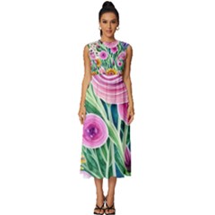 Cheerful And Captivating Watercolor Flowers Sleeveless Round Neck Midi Dress by GardenOfOphir