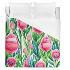 Cheerful And Captivating Watercolor Flowers Duvet Cover (queen Size) by GardenOfOphir