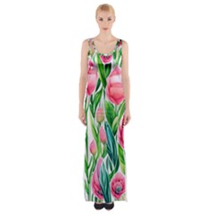 Cheerful And Captivating Watercolor Flowers Thigh Split Maxi Dress by GardenOfOphir