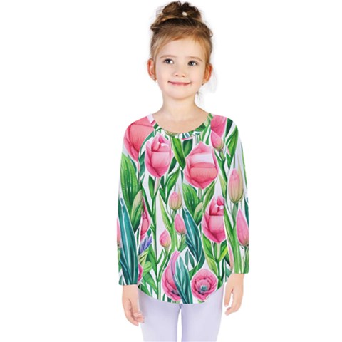 Cheerful And Captivating Watercolor Flowers Kids  Long Sleeve Tee by GardenOfOphir