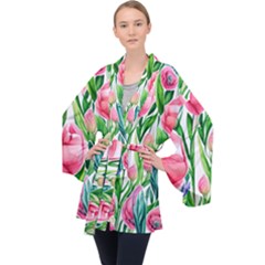 Cheerful And Captivating Watercolor Flowers Long Sleeve Velvet Kimono  by GardenOfOphir