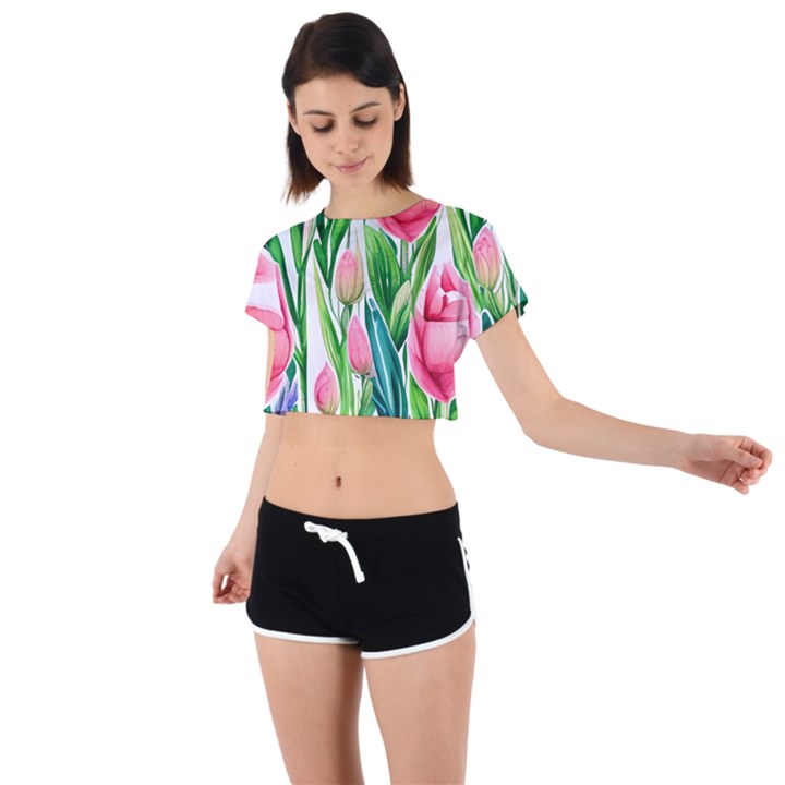 Cheerful And Captivating Watercolor Flowers Tie Back Short Sleeve Crop Tee