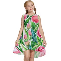 Cheerful And Captivating Watercolor Flowers Kids  Frill Swing Dress by GardenOfOphir