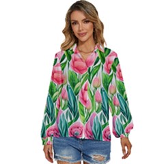 Cheerful And Captivating Watercolor Flowers Women s Long Sleeve Button Down Shirt