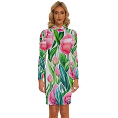 Cheerful And Captivating Watercolor Flowers Long Sleeve Shirt Collar Bodycon Dress