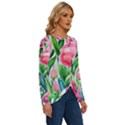 Cheerful And Captivating Watercolor Flowers Long Sleeve Crew Neck Pullover Top View3