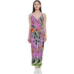 Cheerful Watercolors – Flowers Botanical V-neck Spaghetti Strap Tie Front Jumpsuit by GardenOfOphir