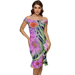 Cheerful Watercolors – Flowers Botanical Off Shoulder Ruffle Split Hem Bodycon Dress by GardenOfOphir