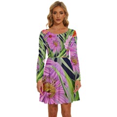 Cheerful Watercolors – Flowers Botanical Long Sleeve Wide Neck Velvet Dress