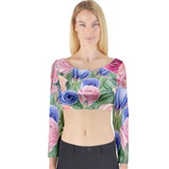 Cheerful Watercolor Flowers Long Sleeve Crop Top by GardenOfOphir