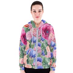 Cheerful Watercolor Flowers Women s Zipper Hoodie by GardenOfOphir