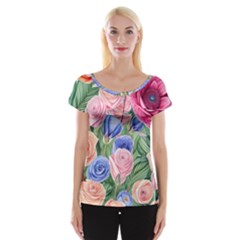 Cheerful Watercolor Flowers Cap Sleeve Top by GardenOfOphir