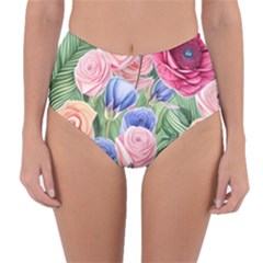 Cheerful Watercolor Flowers Reversible High-waist Bikini Bottoms by GardenOfOphir