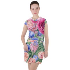 Cheerful Watercolor Flowers Drawstring Hooded Dress by GardenOfOphir