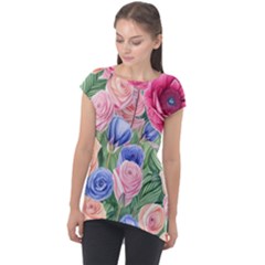 Cheerful Watercolor Flowers Cap Sleeve High Low Top by GardenOfOphir