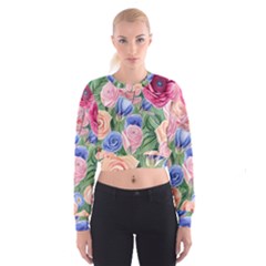 Cheerful Watercolor Flowers Cropped Sweatshirt by GardenOfOphir