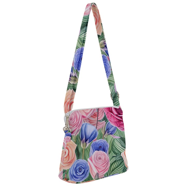 Cheerful Watercolor Flowers Zipper Messenger Bag