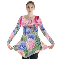 Cheerful Watercolor Flowers Long Sleeve Tunic  by GardenOfOphir