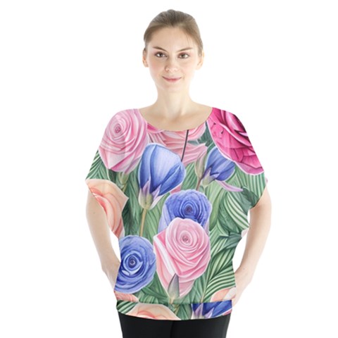 Cheerful Watercolor Flowers Batwing Chiffon Blouse by GardenOfOphir