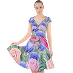 Cheerful Watercolor Flowers Cap Sleeve Front Wrap Midi Dress by GardenOfOphir