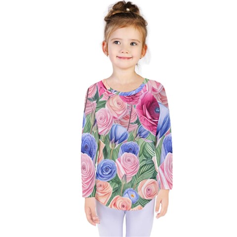 Cheerful Watercolor Flowers Kids  Long Sleeve Tee by GardenOfOphir