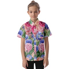 Cheerful Watercolor Flowers Kids  Short Sleeve Shirt by GardenOfOphir