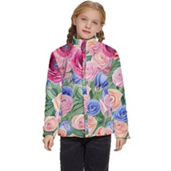 Cheerful Watercolor Flowers Kids  Puffer Bubble Jacket Coat by GardenOfOphir