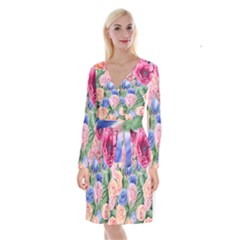 Cheerful Watercolor Flowers Long Sleeve Velvet Front Wrap Dress by GardenOfOphir