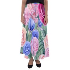 Cheerful Watercolor Flowers Flared Maxi Skirt by GardenOfOphir