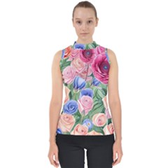 Cheerful Watercolor Flowers Mock Neck Shell Top by GardenOfOphir