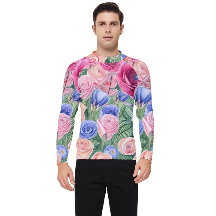 Cheerful Watercolor Flowers Men s Long Sleeve Rash Guard