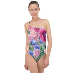 Cheerful Watercolor Flowers Classic One Shoulder Swimsuit by GardenOfOphir