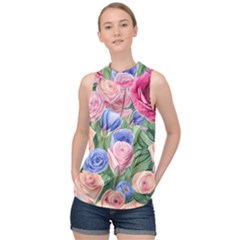 Cheerful Watercolor Flowers High Neck Satin Top by GardenOfOphir