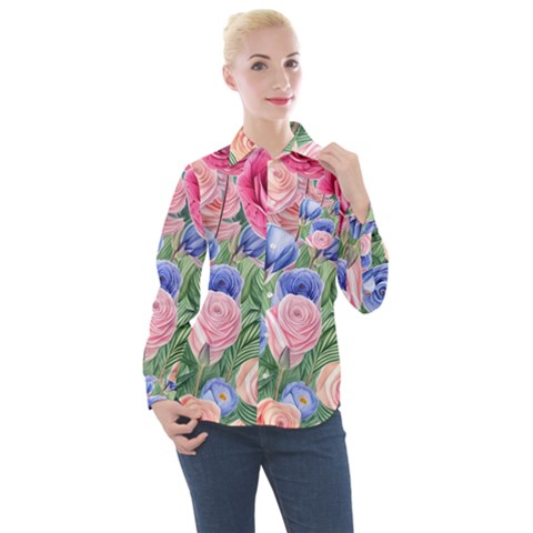 Cheerful Watercolor Flowers Women s Long Sleeve Pocket Shirt by GardenOfOphir