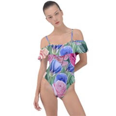 Cheerful Watercolor Flowers Frill Detail One Piece Swimsuit by GardenOfOphir