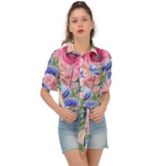 Cheerful Watercolor Flowers Tie Front Shirt  by GardenOfOphir