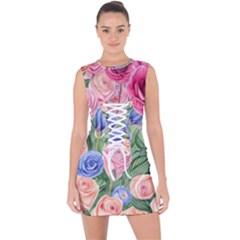 Cheerful Watercolor Flowers Lace Up Front Bodycon Dress by GardenOfOphir