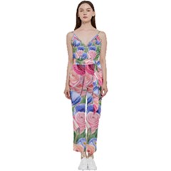 Cheerful Watercolor Flowers V-neck Spaghetti Strap Tie Front Jumpsuit by GardenOfOphir