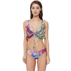 Cheerful Watercolor Flowers Low Cut Ruffle Edge Bikini Set