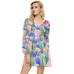 Cheerful Watercolor Flowers Tiered Long Sleeve Mini Dress by GardenOfOphir